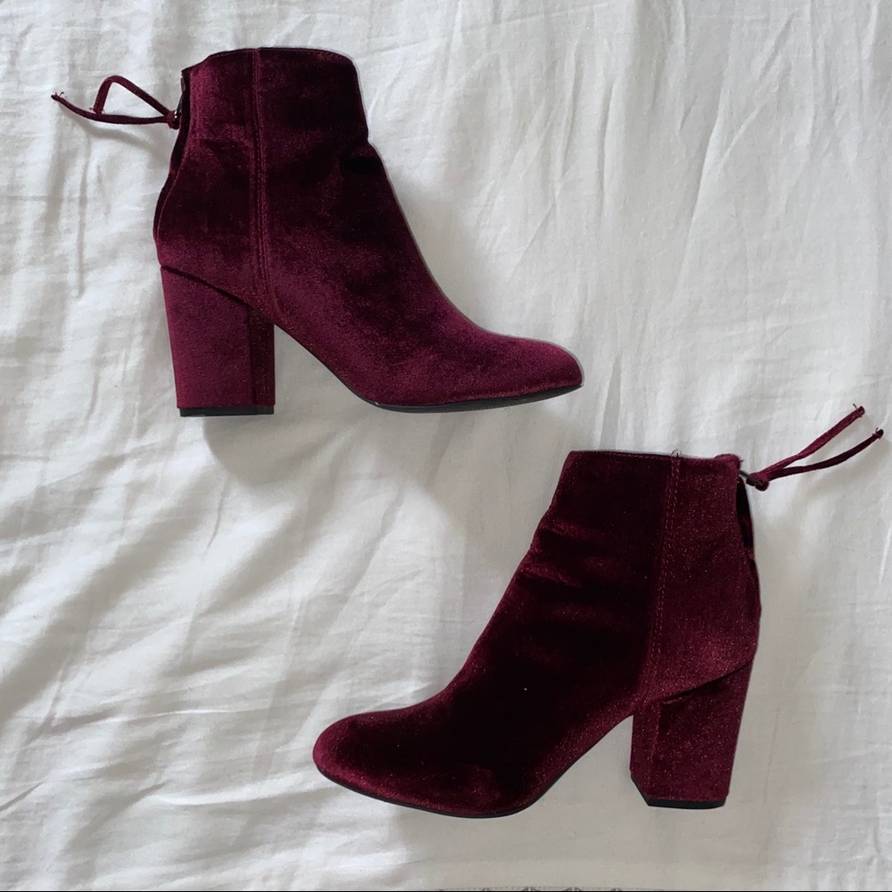 Burgundy velvet booties